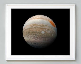 May include: A close-up image of Jupiter, a gas giant with swirling clouds in shades of brown, white, and orange. The planet is set against a black background.
