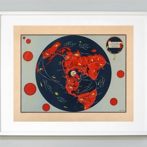 Western Airlines Map of the World, Vintage Pictorial Map, 1944, Sally De Long, Projected Global Air Routes, Museum quality, Giclee Art Print