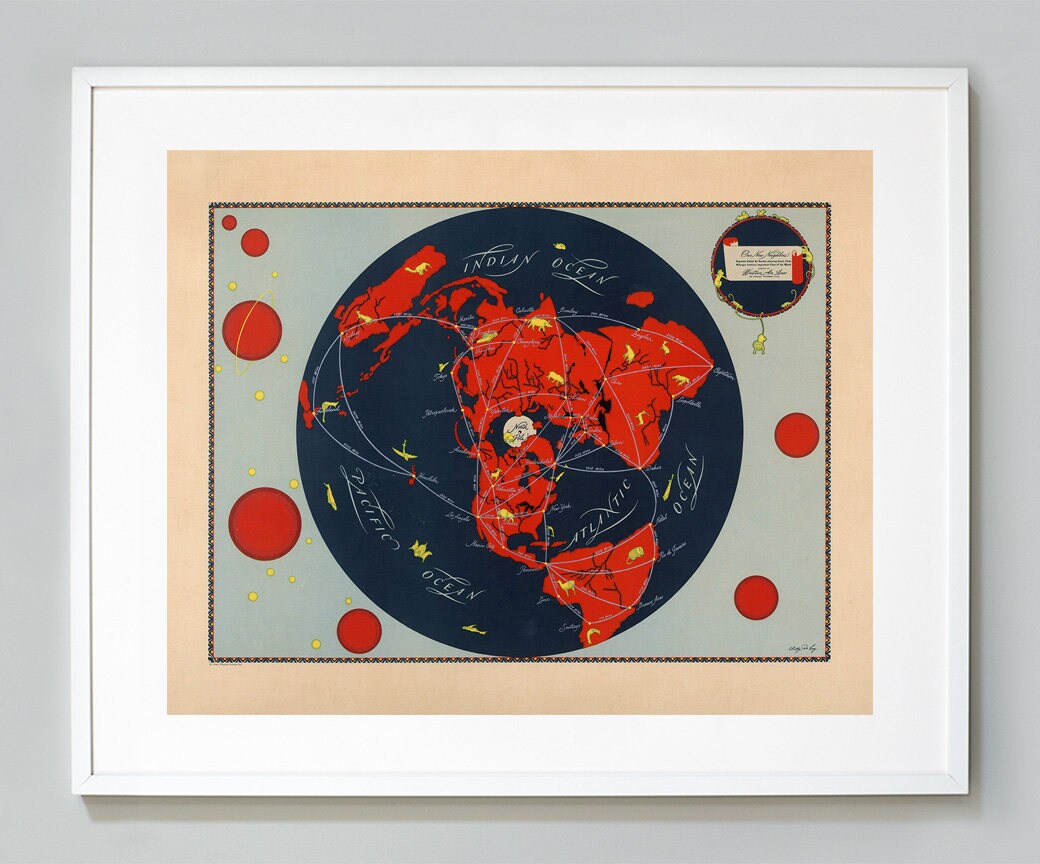 Western Airlines Map of the World, Vintage Pictorial Map, 1944, Sally De Long, Projected Global Air Routes, Museum quality, Giclee Art Print