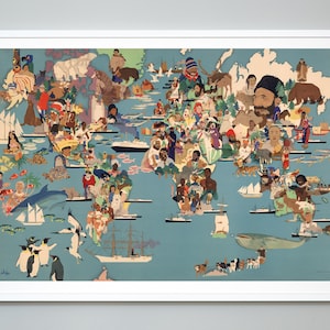 Bildkarte der Welt Druck, Menschen, Tiere und Länder der Welt, Giclée-Druck, Wandkunst, Museum Qualität Kunstdruck