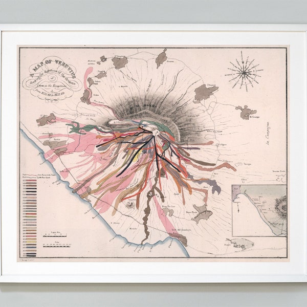 Carte des éruptions du volcan du Vésuve, Graphique du flux de lave, John Auldjo, Graphique géologique, Graphique éducatif, Qualité du Musée Giclee Art Print