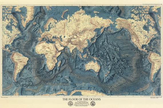 The Floor Of The Oceans Map Print Topography Of Lands And Oceans Of The World Print Ocean Floor Geology Museum Quality Print