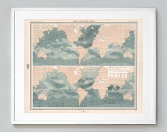May include: A vintage map showing wind patterns over the oceans in January & February and July & August. The map is divided into two sections, with the top section showing the wind patterns in January & February and the bottom section showing the wind patterns in July & August. The map is in a white frame.
