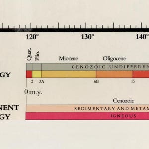 May include: A diagram showing the geological timeline of the Earth's ocean and continent. The timeline is divided into different geological periods, including the Quaternary, Pliocene, Miocene, Oligocene, and Eocene. The diagram also shows the different types of rocks found in each period, including Cenozoic Undifferentiated, Sedimentary and Metamorphic, and Igneous.
