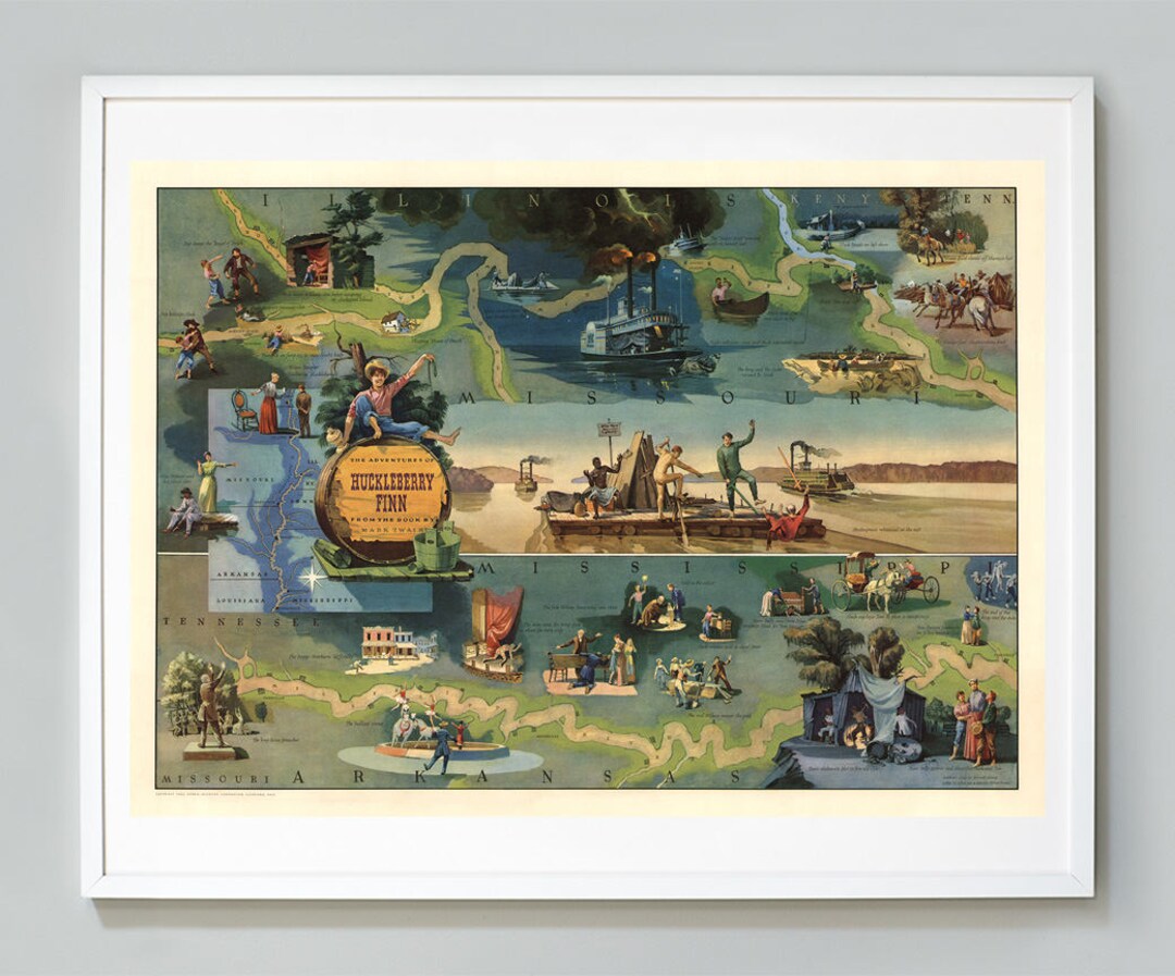 Huckleberry Finn Map Print, the Adventures of Huckleberry Finn by Mark