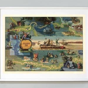 Huckleberry Finn Map Print, The Adventures of Huckleberry Finn de Mark Twain, Pictorial Map, 1959, Edward Everett Henry, Museum Quality Print
