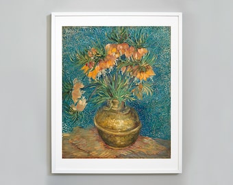 May include: A painting of a still life featuring a bouquet of orange and yellow flowers in a golden vase. The flowers are arranged in a vase on a table with a woven surface. The background is a deep blue.