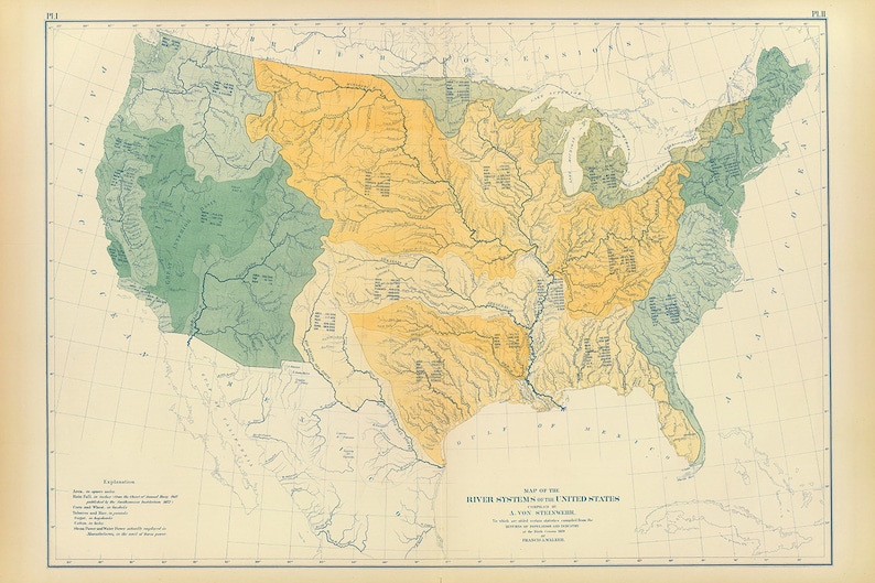 Peut inclure: Une carte vintage des &Eacute;tats-Unis montrant les syst&egrave;mes fluviaux du pays. La carte est divis&eacute;e en diff&eacute;rentes r&eacute;gions de couleurs, chacune repr&eacute;sentant un syst&egrave;me fluvial diff&eacute;rent. La carte est intitul&eacute;e "Carte des syst&egrave;mes fluviaux des &Eacute;tats-Unis" et "J.V. Voorhees, Auteur, 1898".