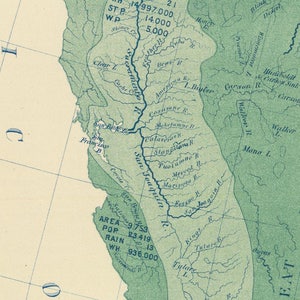 Peut inclure: Une carte vintage de la Californie avec des marques vertes et bleues montrant les rivi&egrave;res et les bassins versants de l'&Eacute;tat. La carte comprend des &eacute;tiquettes de texte pour les rivi&egrave;res, les villes et les caract&eacute;ristiques g&eacute;ographiques. La carte comprend &eacute;galement des donn&eacute;es sur la superficie, la population, les pr&eacute;cipitations et l'approvisionnement en eau pour diff&eacute;rentes r&eacute;gions de l'&Eacute;tat.
