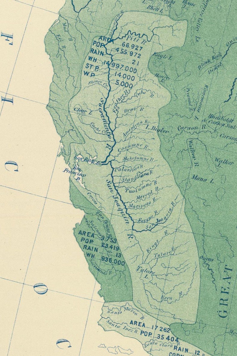 Peut inclure: Une carte vintage de la Californie avec des marques vertes et bleues montrant les rivi&egrave;res et les bassins versants de l'&Eacute;tat. La carte comprend des &eacute;tiquettes de texte pour les rivi&egrave;res, les villes et les caract&eacute;ristiques g&eacute;ographiques. La carte comprend &eacute;galement des donn&eacute;es sur la superficie, la population, les pr&eacute;cipitations et l'approvisionnement en eau pour diff&eacute;rentes r&eacute;gions de l'&Eacute;tat.