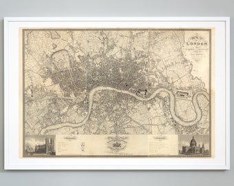 Può includere: Una mappa vintage di Londra, in Inghilterra, stampata in bianco e nero. La mappa mostra le strade, i fiumi e i monumenti della città. Il titolo "LONDON" è stampato nell'angolo in alto a destra della mappa.