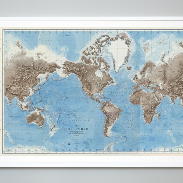 The World's Ocean Depths Chart Print, Map of the Underwater Topography of the Oceans, Bathymetric Chart, Museum Quality Wall Art