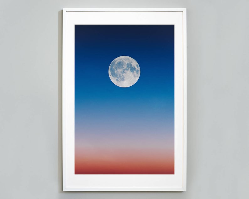 Museum Quality Photo Art Print Wall Art, Moon Sunset Print Red and Blue Sky Full Moon Print