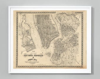 NYC Map Print, New York, Brooklyn & Jersey City, 1855, Museum Quality Wall Art, Large Home Decor