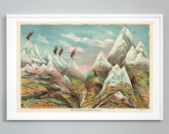 May include: A vintage illustration depicting a view of nature in ascending regions. The image shows a series of mountains with snow-capped peaks, lush green valleys, and a blue sky with clouds. The text "VIEW OF NATURE IN ASCENDING REGIONS" is printed at the bottom of the image.