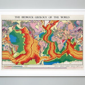 Bedrock geologie van de wereld kaart print, educatieve wetenschap grafiek, museum kwaliteit, grote muur kunst Home decor