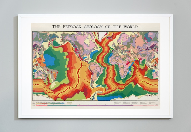 May include: A vintage map of the world showing the bedrock geology. The map is color-coded to show different types of rock formations. The map is titled "The Bedrock Geology of the World".