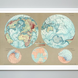 Weltkarte, Land und Wasserhemisphären zentriert auf Frankreich und Neuseeland, magnetische Deklination Karten, 1967, Museum Qualität Kunstdruck