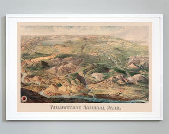 Yellowstone National Park Map Print: Vintage Pictorial Giclee Art