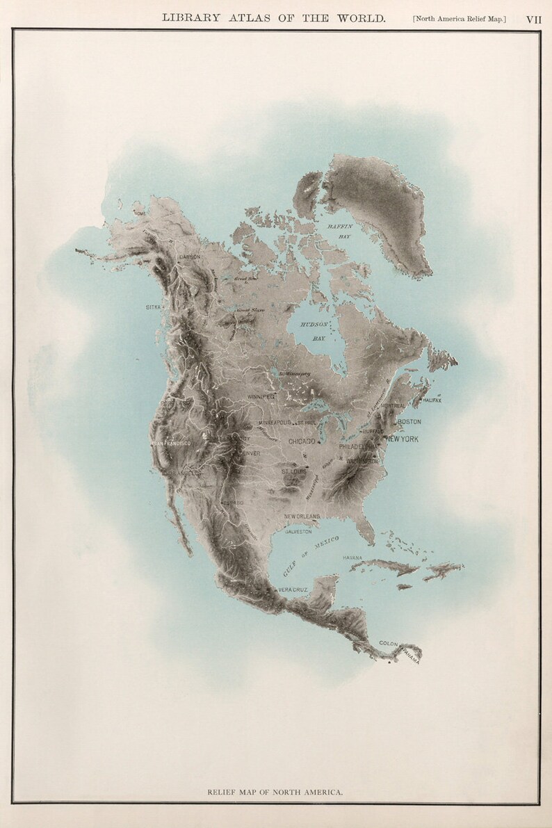 Relief Map of North America, Atlas Map, 1912, Museum Quality Map Art Print image 2