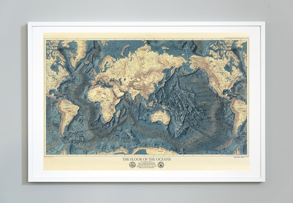 The Floor Of The Oceans Map Print Topography Of Lands And Oceans Of The World Print Ocean Floor Geology Museum Quality Print