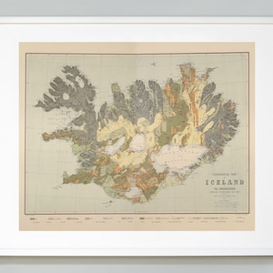 Impression de carte de l’Islande, Carte géologique de l’Islande, Glaciers, volcans et fossiles, Impression Giclée, Impression de carte de qualité muséale
