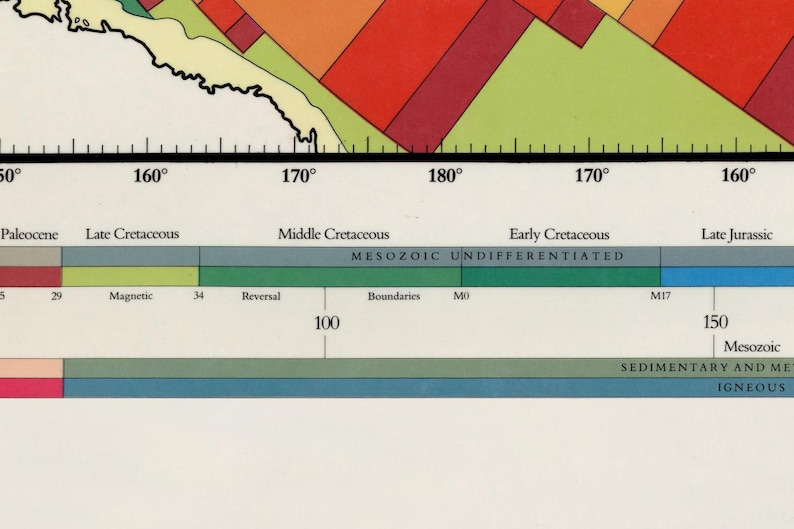 May include: A geological timeline chart showing the Mesozoic Era, with a focus on the Cretaceous and Jurassic periods. The chart is divided into sections representing different geological periods, with corresponding colors and labels. The chart also includes a scale in degrees and a scale in millions of years.