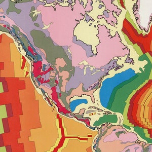 May include: A colorful map of North America showing geological formations and ocean floor depths. The map uses a variety of colors to represent different types of rock and sediment. The ocean floor is shown in shades of blue, green, and yellow, with deeper areas shown in darker shades. The map also shows the location of major tectonic plates and fault lines.