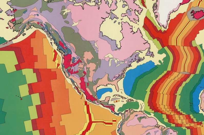 May include: A colorful map of North America showing geological formations and ocean floor depths. The map uses a variety of colors to represent different types of rock and sediment. The ocean floor is shown in shades of blue, green, and yellow, with deeper areas shown in darker shades. The map also shows the location of major tectonic plates and fault lines.