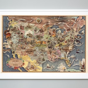 Mapa pictórico da história americana dos Estados Unidos, história dos EUA em fotos, Aaron Bohrod, 1946, impressão giclée, mapa histórico com qualidade de museu