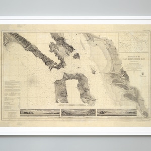 San Francisco Bay California Vintage Map Print,  Includes Sailing Directions, Lighthouses, and Tides, c. 1859,  Giclee Print, Museum Quality
