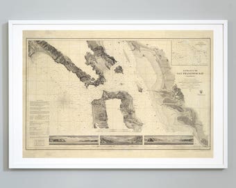 San Francisco Bay California Vintage Map Print,  Includes Sailing Directions, Lighthouses, and Tides, c. 1859,  Giclee Print, Museum Quality