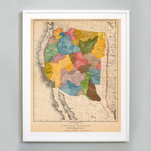 Wasserscheiden-Karte der Trockenregionen des westlichen US-Drucks, John Wesley Powell, 1890, Wasserentwässerungsgebiete, Wandkunst in Museumsqualität