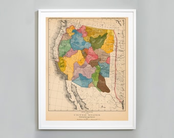 Watershed Map of the Arid Regions of Western US Print, John Wesley Powell, 1890, Water Drainage Territories, Museum Quality Wall Art