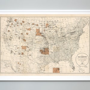 Indianerreservate innerhalb der USA Kartendruck, 1888, historische Stämme der amerikanischen Ureinwohner, Wandkunst in Museumsqualität