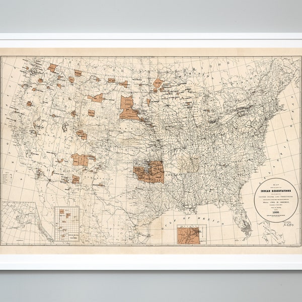 Indian Reservations Within The US Map Print, 1888, Historical Tribes Of Native Americans, Museum Quality Wall Art