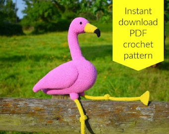 Crochet pattern (English/UK terms) - Fabio flamingo amigurumi toy PDF instant download (bird / pink / tropical / animal / softie / nursery)