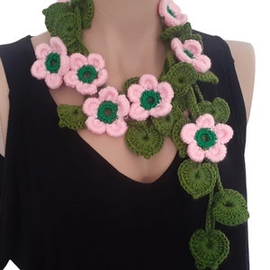 Pink Flowers Necklace Scarf, Crochet Lariat Necklace, Women Hand Crochet Scarf, Cotton Long Knit Necklace, Crochet Neck Accessory for Women