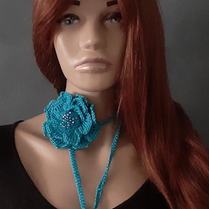 Crochet Rose choker, Knit Beaded Necklaces, Turquoise Crochet Necklace, Flower Tie Necklace, Lariat Scarf, Cotton Necklace, Neck Accessory