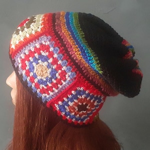slouchy beanie, Granny square Crochet Hat, Crochet Beanie, Black Hat, Wool Hat, Women&#39;s Winter Hats, Casual Hat, Boho Handmade Hat