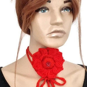 Red flower choker for women, Corsage Necklace, Knitted Neck Flower, Rose Tie Choker, Crochet Handmade Choker, Crochet Collar, Gift Women
