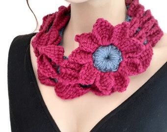 Crochet burgundy necklace Scarf, Knitted Collar, Christmas gift, Gift for her, hand made Scarf Women, Mom gift, Unique gift