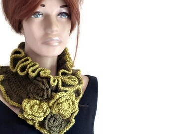 Olive Green Crochet Neck warmers, Hand  Knit Scarf Women, Handmade Scarves, Ruffle Scarf, Flower Scarf Knit, Crochet Victorian, Cowl Scarf