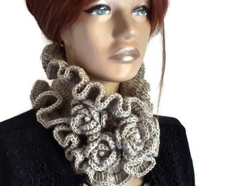 camel crochet Ruffle Scarf, Neck Warmer Women, Victorian Style, cowl Neck Scarf, Knit Wear, unique scarf, Hand Knit Scarf, Christmas gift