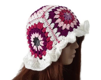 Flower Crochet Bucket Hat, Granny square hat, Crochet sun hat, Patchwork hippie hat, Hair Accessories, retro style, Boho Hat, Afghan Crochet