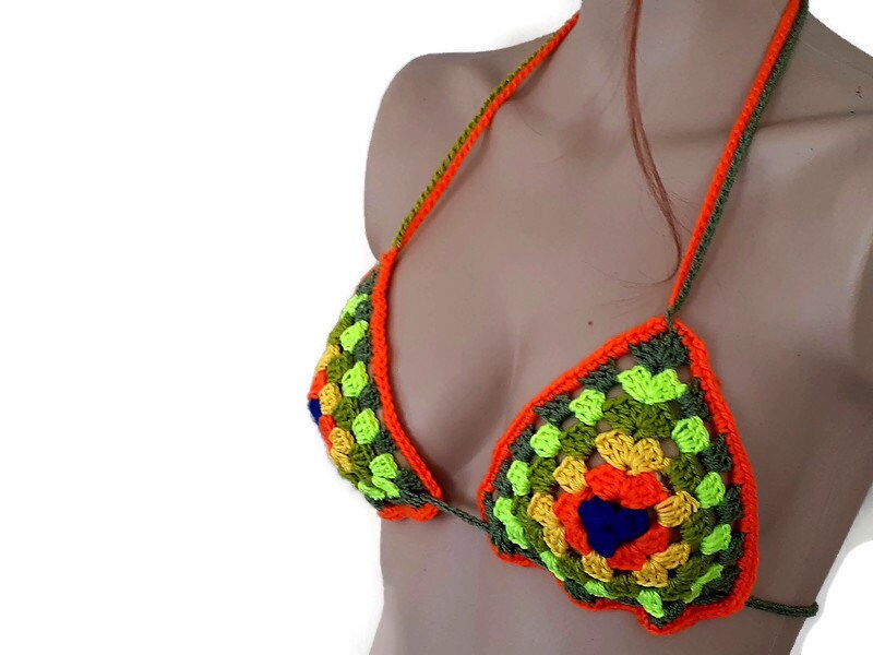 Neon Bikini Top, Crochet Bikini, Crochet Crop, Halter Bikini, Boho