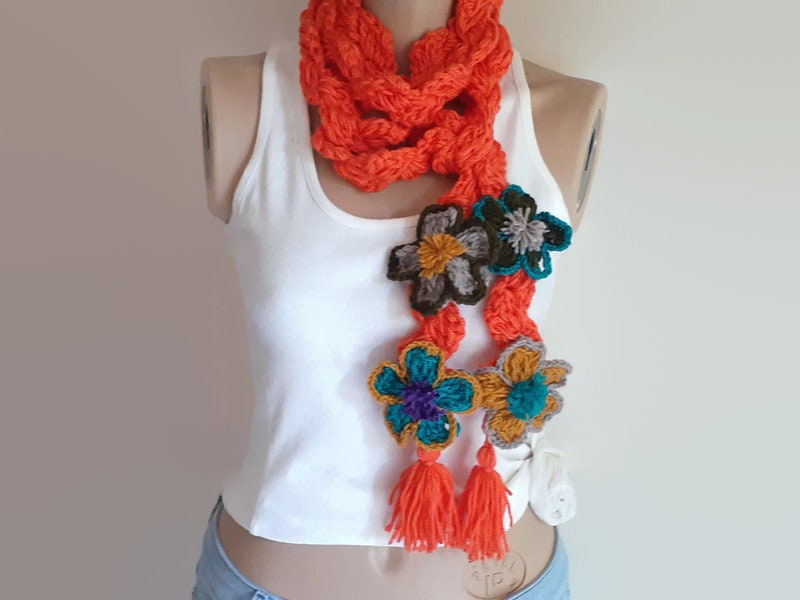 Unique Boho Woman Gift Hippie Skinny Necklace Orange Crochet - Etsy