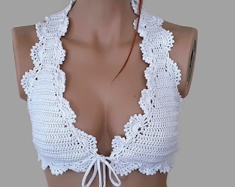 Crochet bikini top, crochet crop top, women halter top, Beach bikini, Festival Clothing, White bikini, bustier top, Crocheted top, lace bra