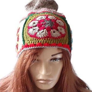 Drawstring Crochet Hat Scarf, Granny Square Hat, Boho Women Beanie, Winter Crochet Hat, Winter Fashion Accessories, Hand Crochet Hat