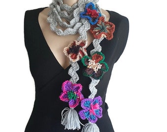 Chunky Long Crochet Scarf, Boho Hippie Scarf, Crochet Skinny Scarf, Colorful Flower, Unique Handmade Scarves, Crochet Necklace, Lariat Scarf